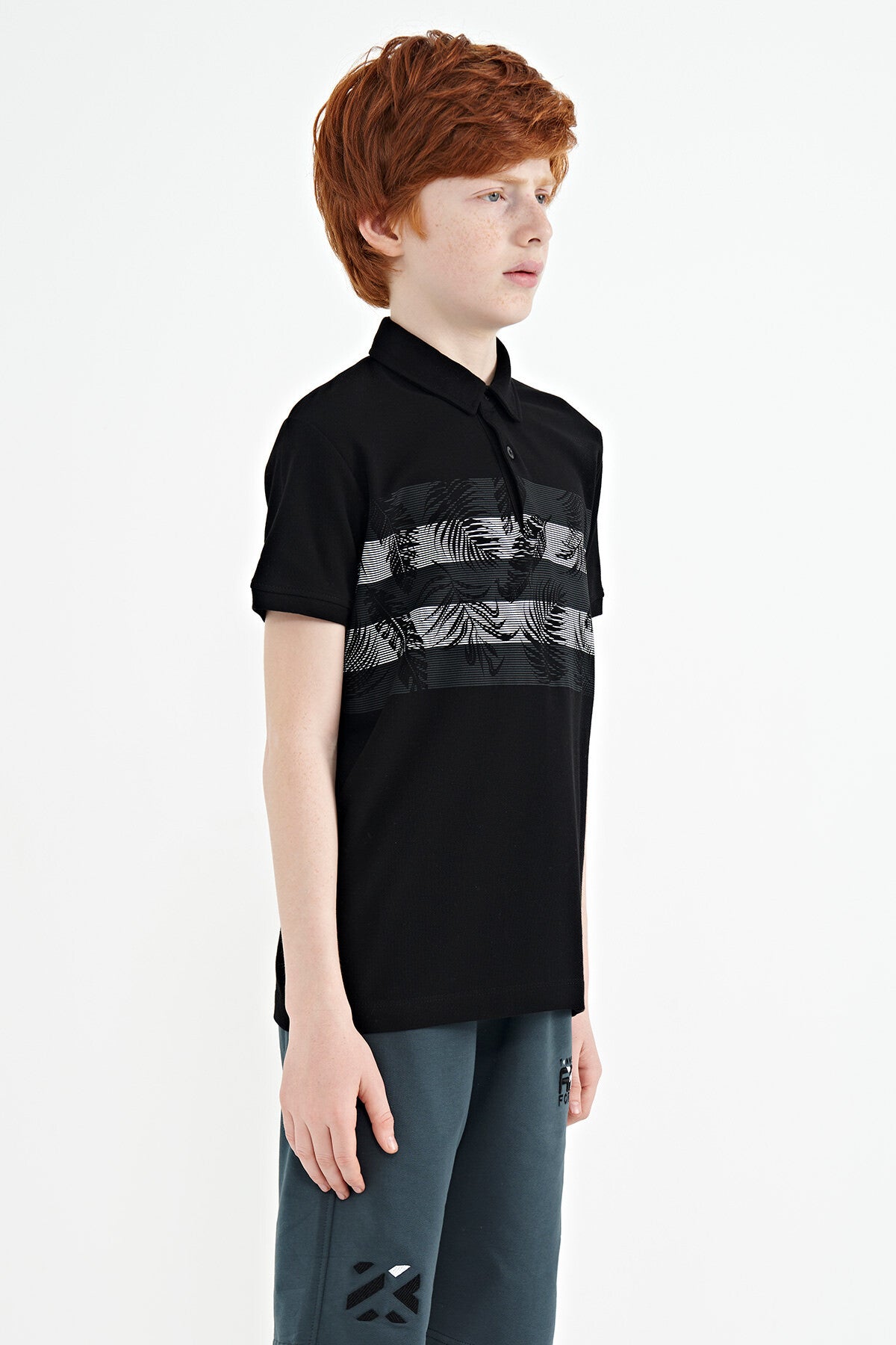 Black Print Detailed Standard Mold Polo Collar Boys T-Shirt - 11101