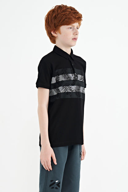 Black Print Detailed Standard Mold Polo Collar Boys T-Shirt - 11101