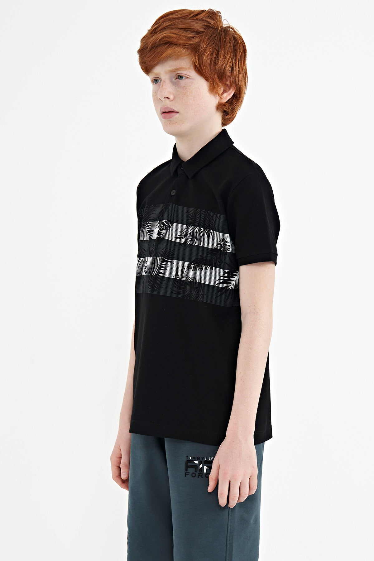 Black Print Detailed Standard Mold Polo Collar Boys T-Shirt - 11101
