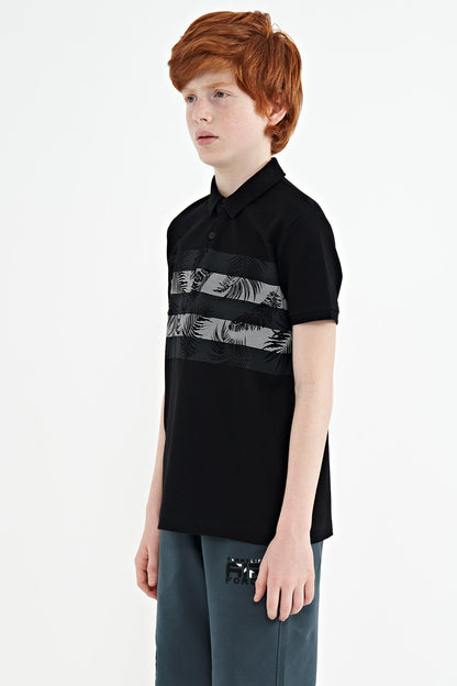 Black Print Detailed Standard Mold Polo Collar Boys T-Shirt - 11101