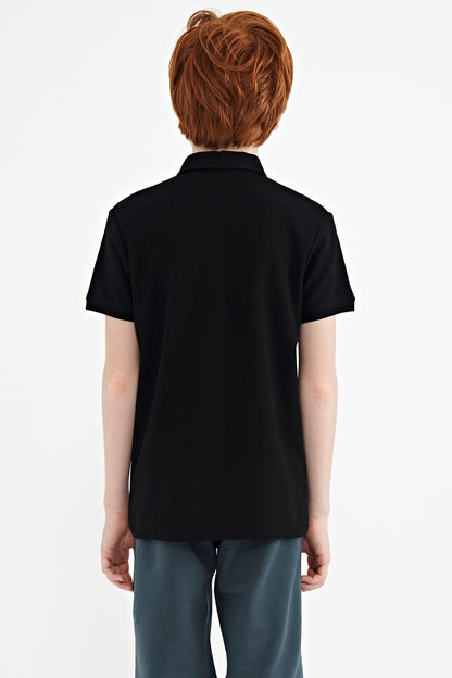 Black Print Detailed Standard Mold Polo Collar Boys T-Shirt - 11101