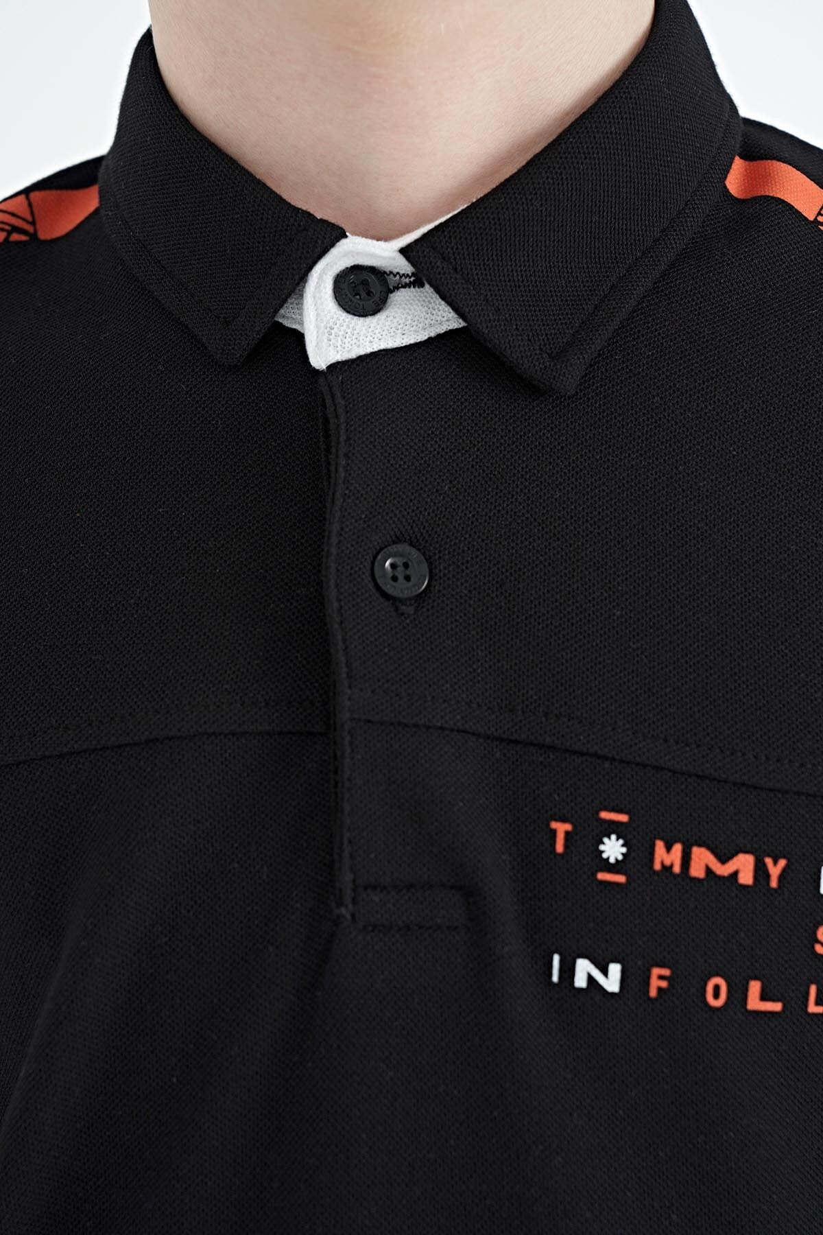 Black Print Detailed Standard Mold Polo Collar Boys T-Shirt - 11140
