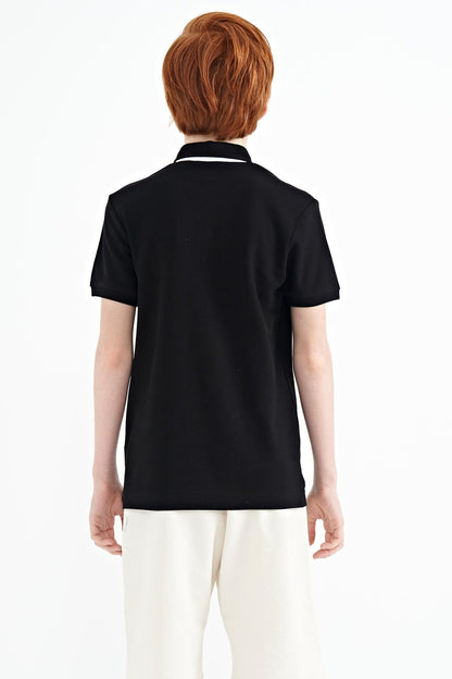 Black Print Detailed Standard Mold Polo Collar Boys T-Shirt - 11140