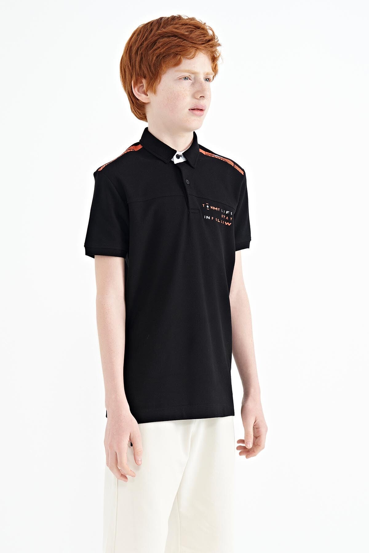 Black Print Detailed Standard Mold Polo Collar Boys T-Shirt - 11140