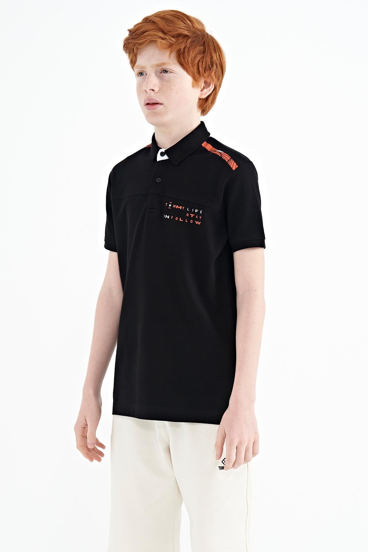 Black Print Detailed Standard Mold Polo Collar Boys T-Shirt - 11140