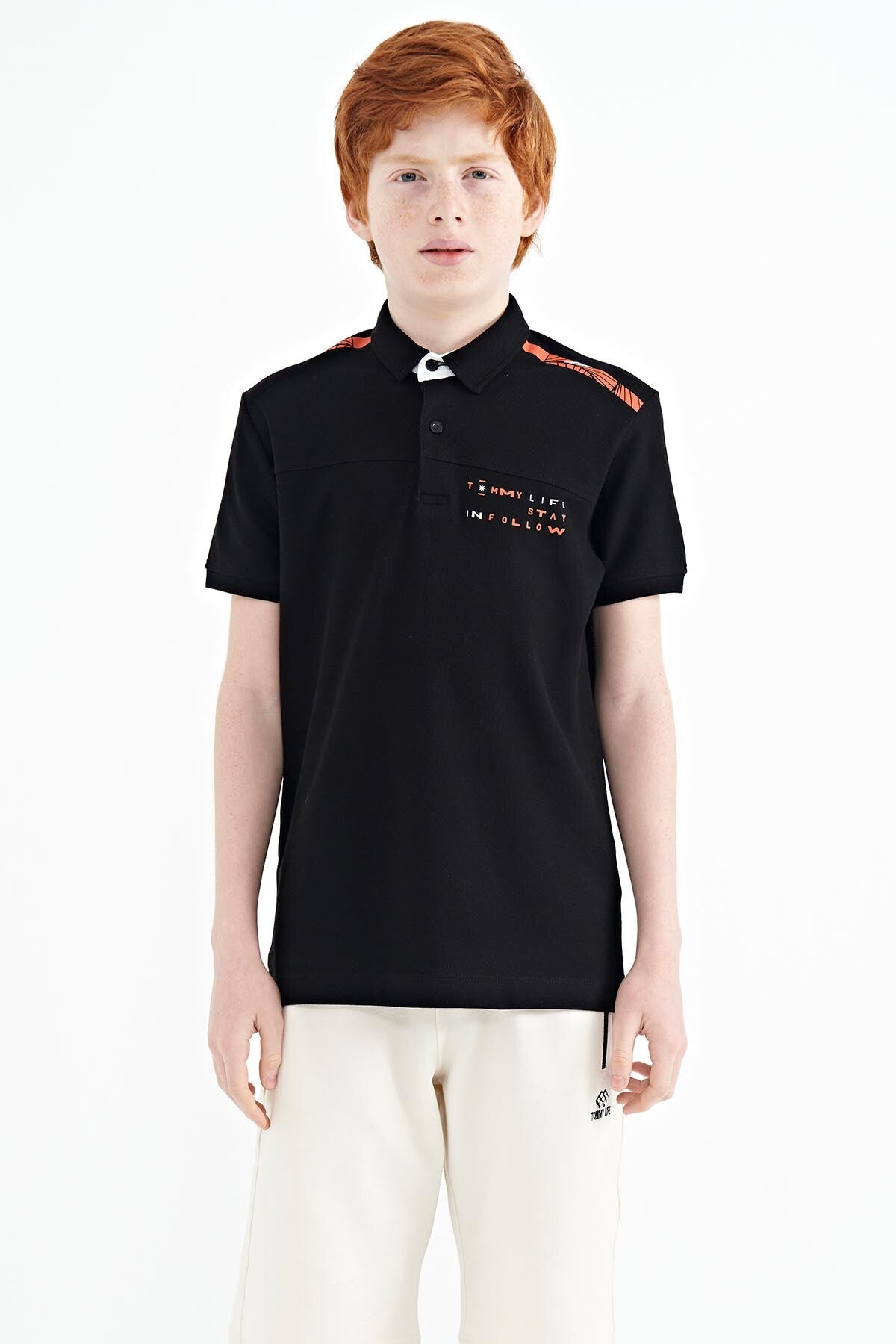 Black Print Detailed Standard Mold Polo Collar Boys T-Shirt - 11140