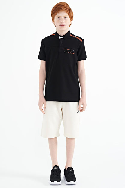 Black Print Detailed Standard Mold Polo Collar Boys T-Shirt - 11140
