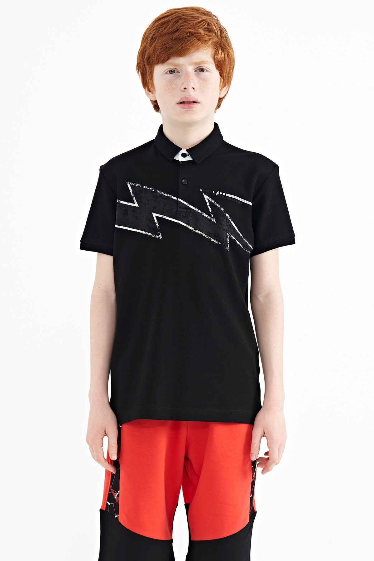 Black Print Detailed Standard Mold Polo Collar Boys T-Shirt - 11154