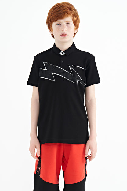 Black Print Detailed Standard Mold Polo Collar Boys T-Shirt - 11154