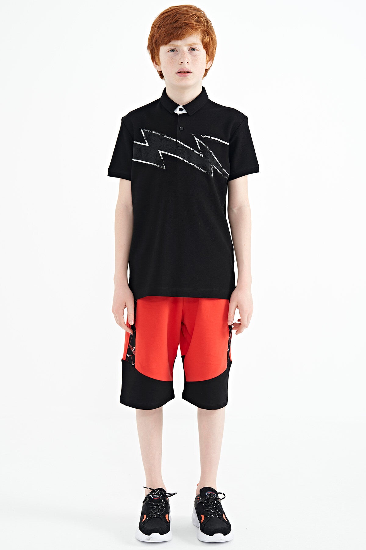Black Print Detailed Standard Mold Polo Collar Boys T-Shirt - 11154