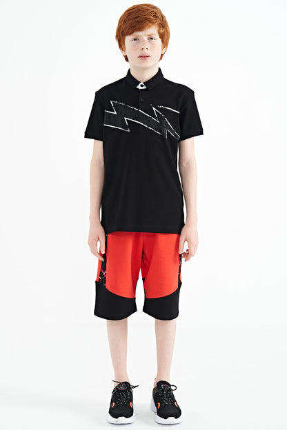 Black Print Detailed Standard Mold Polo Collar Boys T-Shirt - 11154