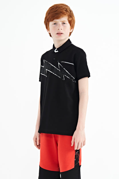 Black Print Detailed Standard Mold Polo Collar Boys T-Shirt - 11154