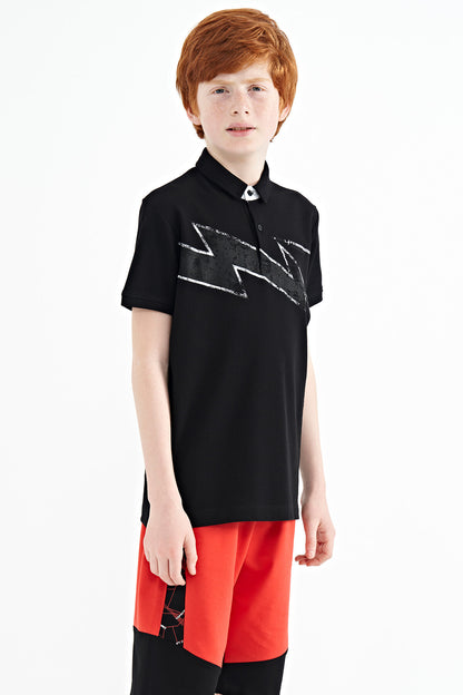 Black Print Detailed Standard Mold Polo Collar Boys T-Shirt - 11154