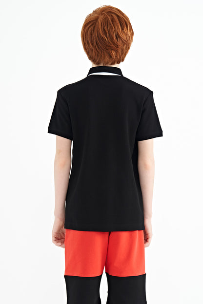 Black Print Detailed Standard Mold Polo Collar Boys T-Shirt - 11154