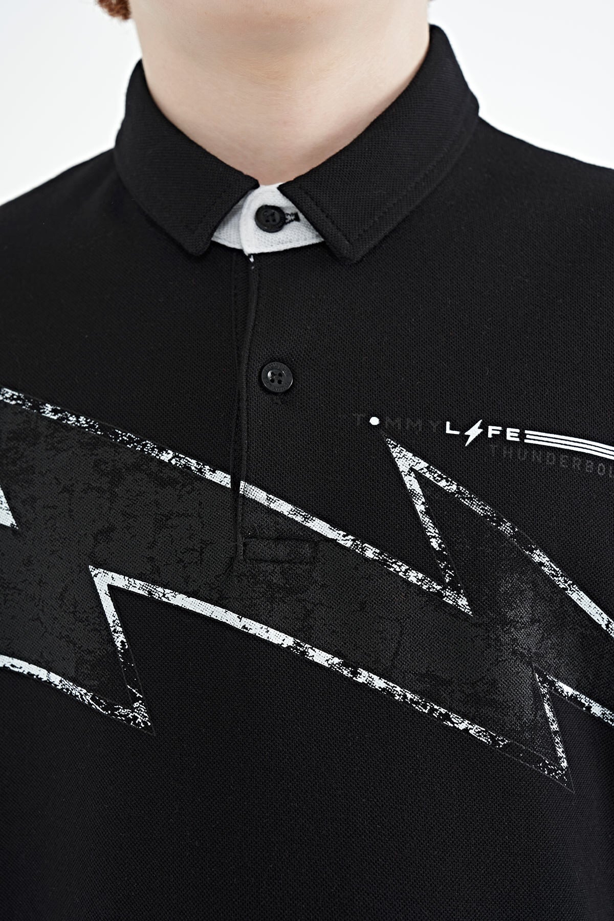 Black Print Detailed Standard Mold Polo Collar Boys T-Shirt - 11154