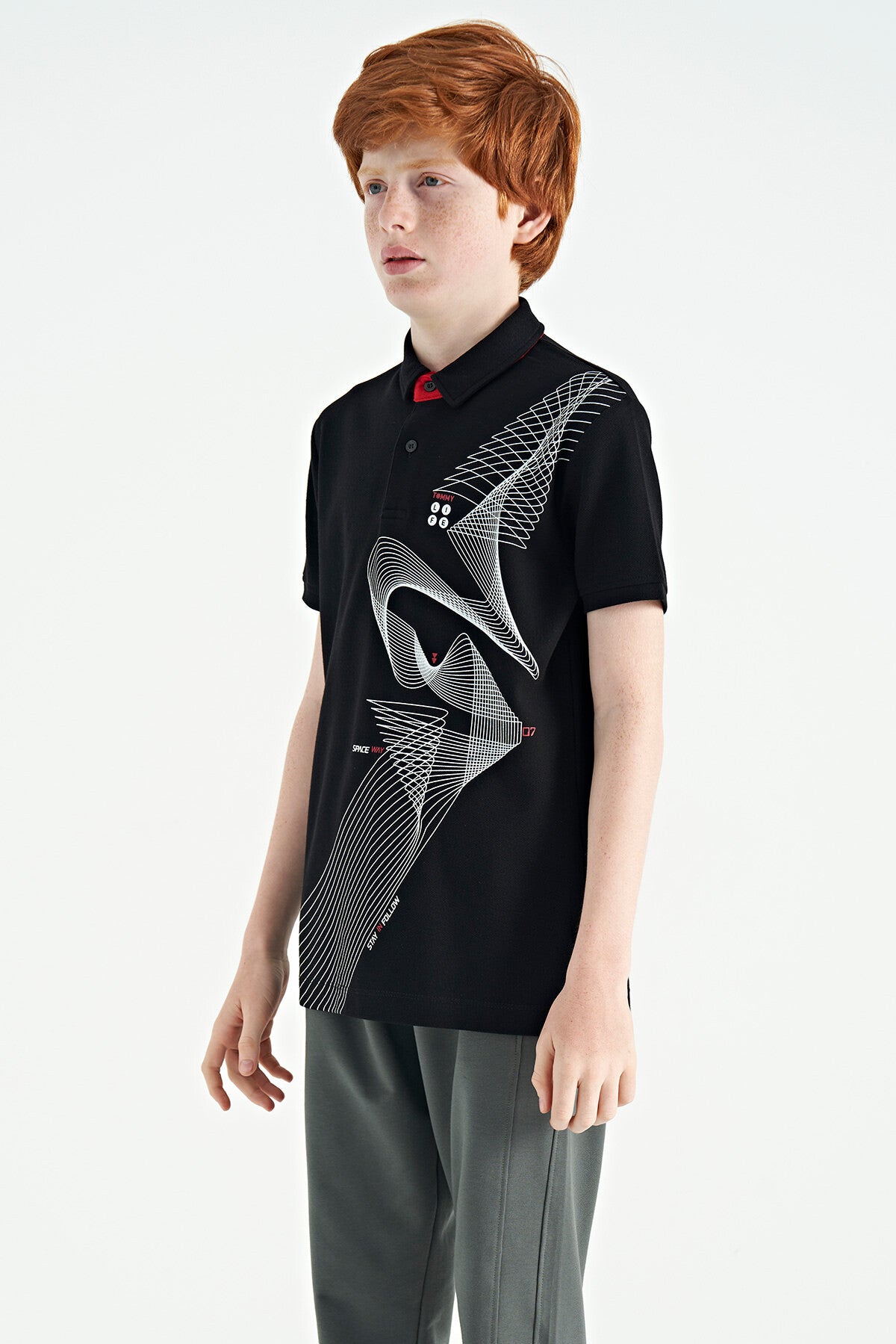 Black Print Detailed Standard Mold Polo Collar Boys T-Shirt - 11164