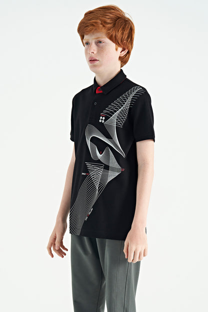 Black Print Detailed Standard Mold Polo Collar Boys T-Shirt - 11164