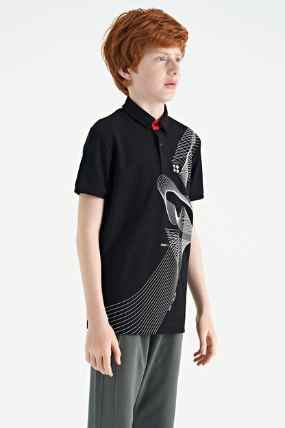 Black Print Detailed Standard Mold Polo Collar Boys T-Shirt - 11164