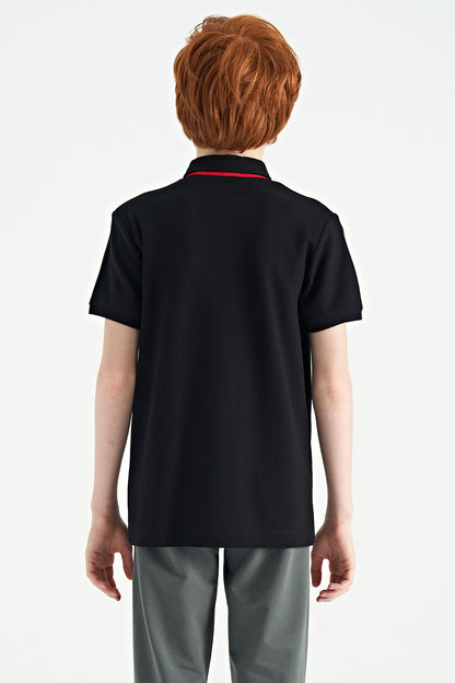 Black Print Detailed Standard Mold Polo Collar Boys T-Shirt - 11164