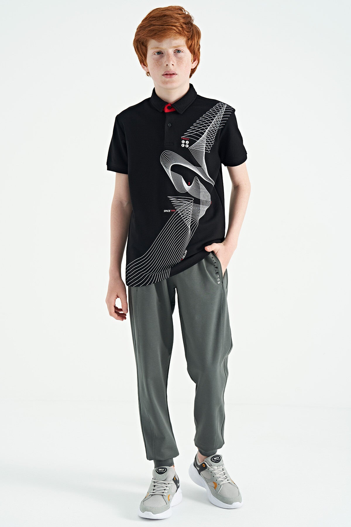 Black Print Detailed Standard Mold Polo Collar Boys T-Shirt - 11164