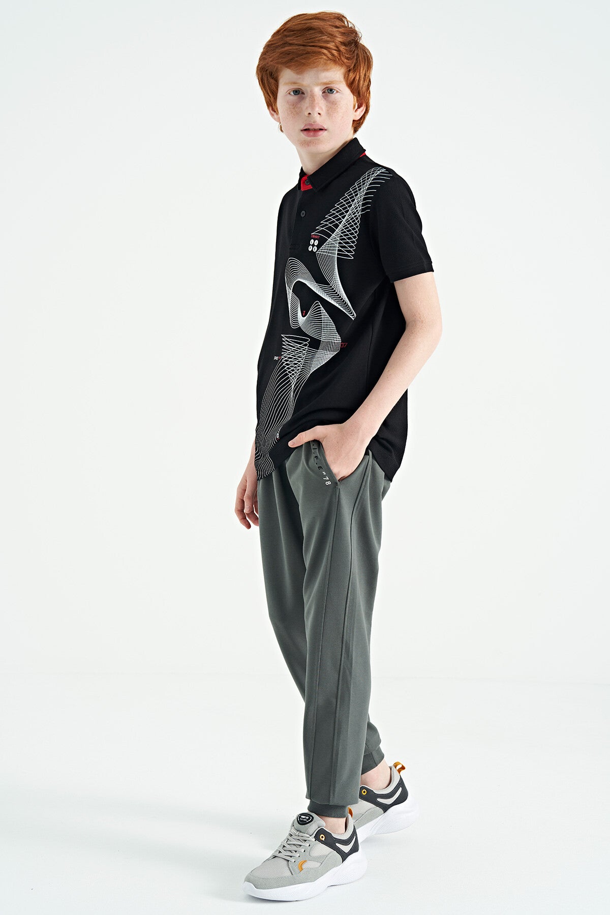 Black Print Detailed Standard Mold Polo Collar Boys T-Shirt - 11164
