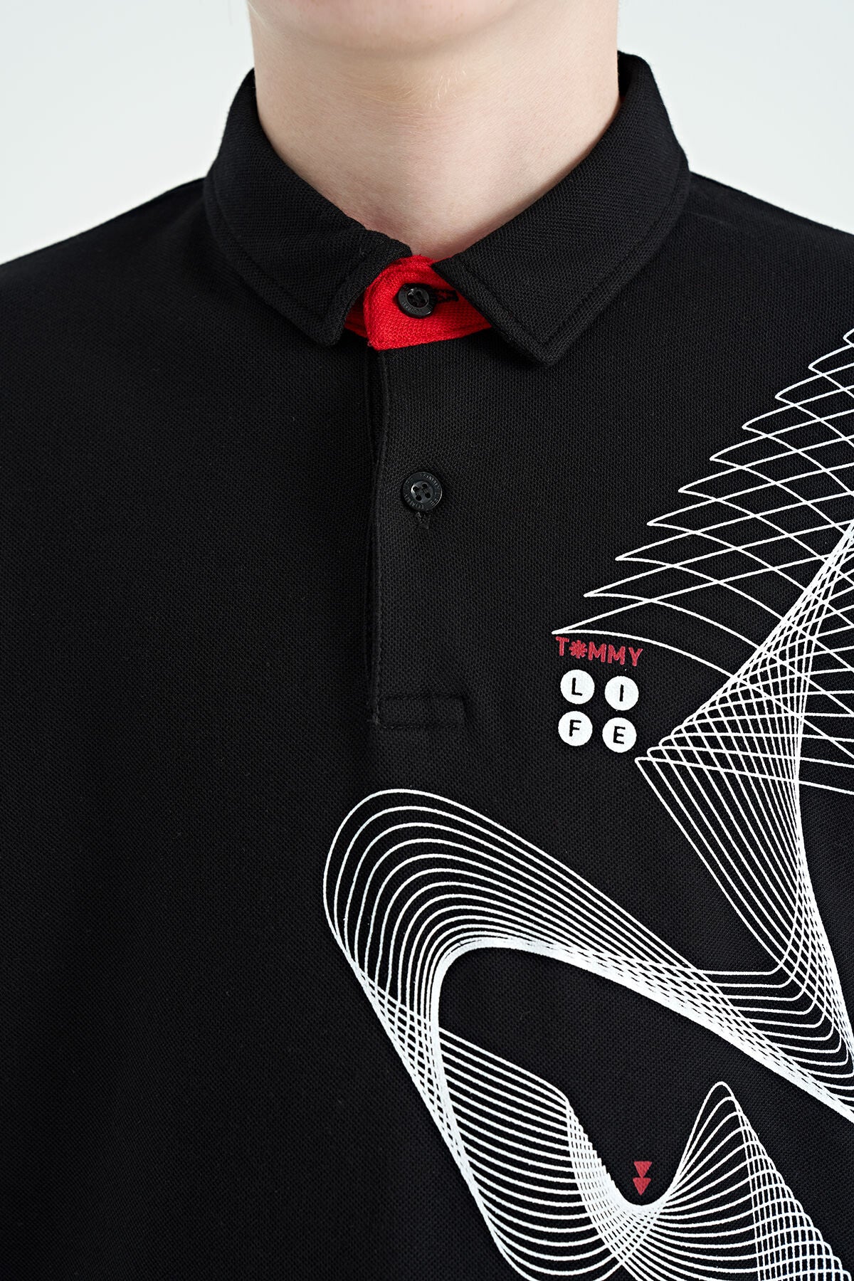 Black Print Detailed Standard Mold Polo Collar Boys T-Shirt - 11164