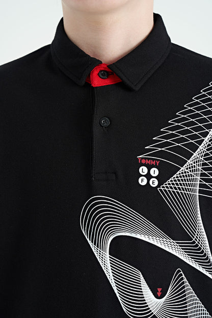 Black Print Detailed Standard Mold Polo Collar Boys T-Shirt - 11164