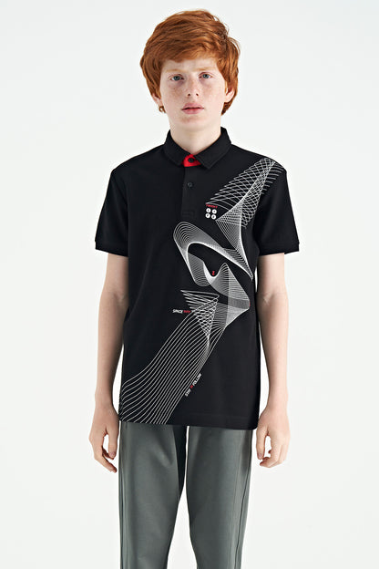 Black Print Detailed Standard Mold Polo Collar Boys T-Shirt - 11164