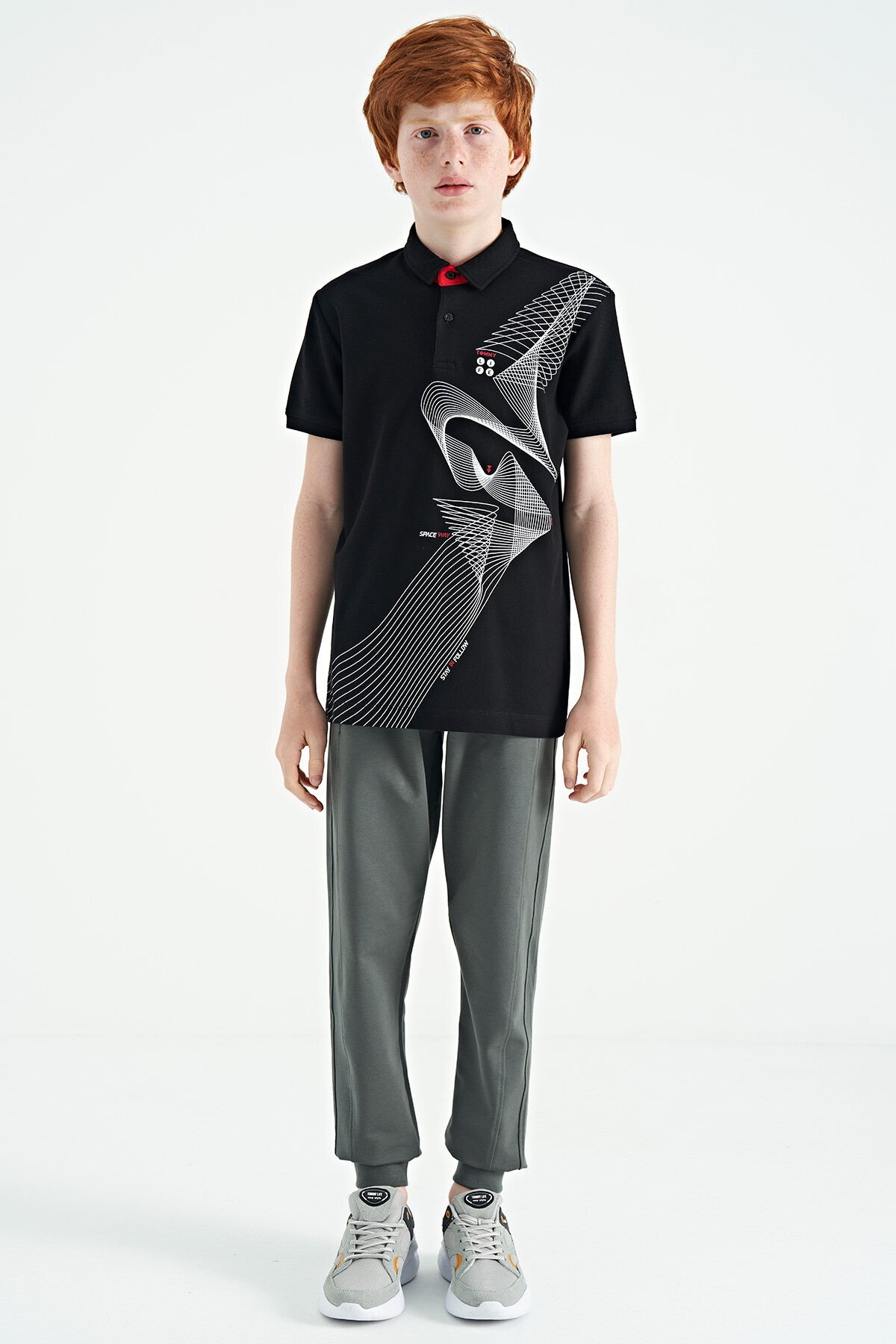 Black Print Detailed Standard Mold Polo Collar Boys T-Shirt - 11164