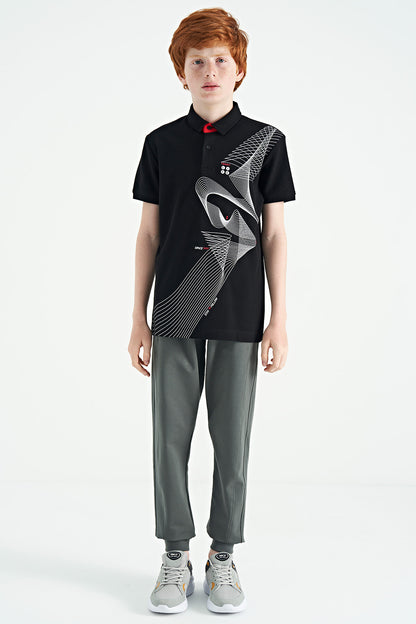 Black Print Detailed Standard Mold Polo Collar Boys T-Shirt - 11164