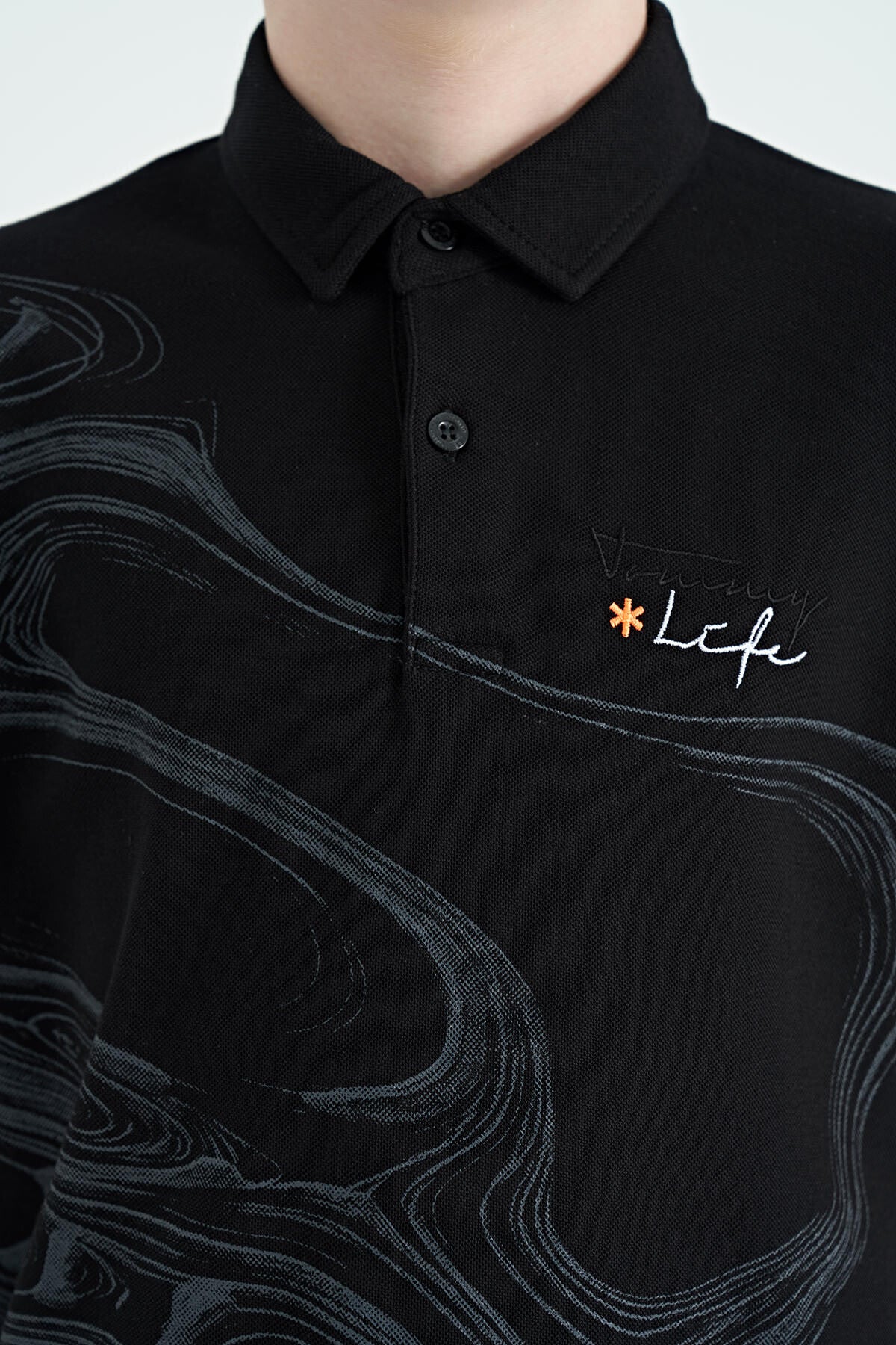 Black Print Detailed Standard Mold Polo Collar Boys T-Shirt - 11165