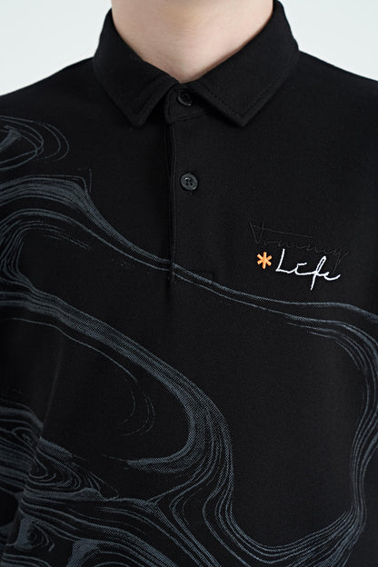 Black Print Detailed Standard Mold Polo Collar Boys T-Shirt - 11165