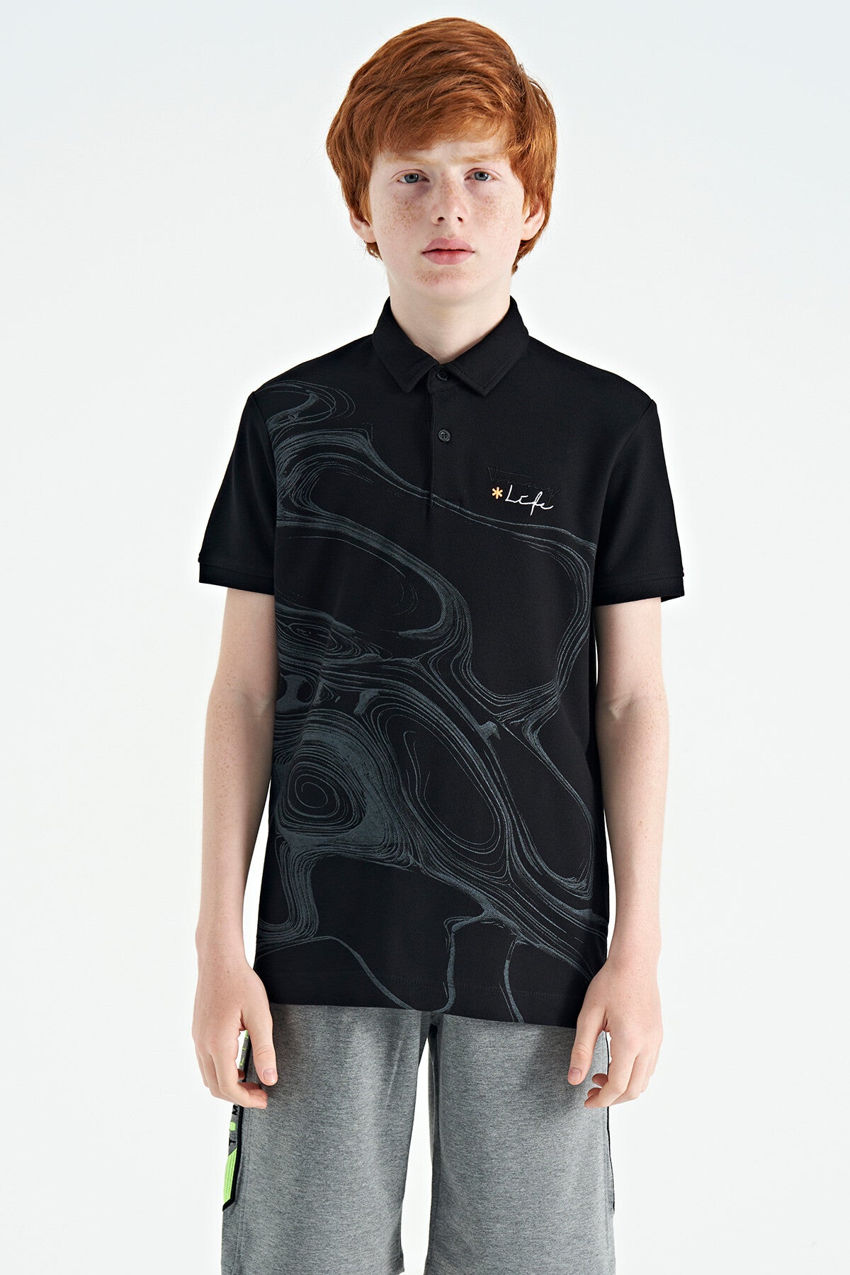 Black Print Detailed Standard Mold Polo Collar Boys T-Shirt - 11165