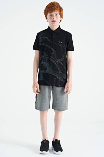 Black Print Detailed Standard Mold Polo Collar Boys T-Shirt - 11165