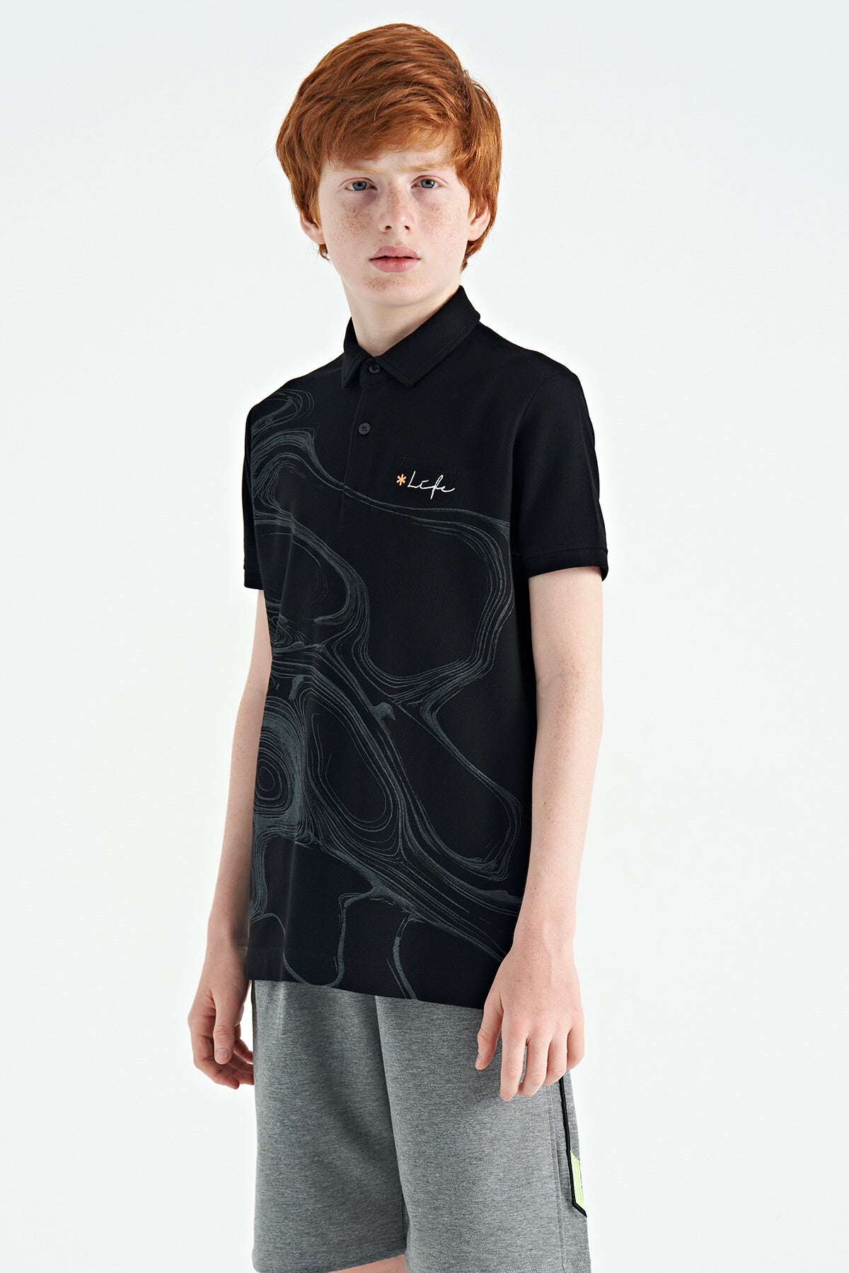 Black Print Detailed Standard Mold Polo Collar Boys T-Shirt - 11165