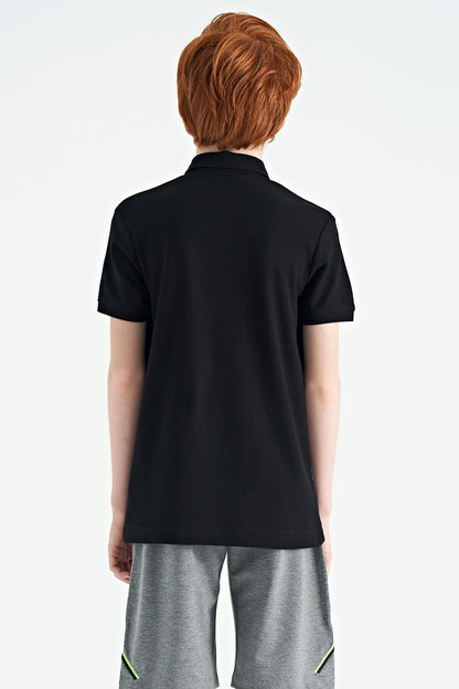 Black Print Detailed Standard Mold Polo Collar Boys T-Shirt - 11165