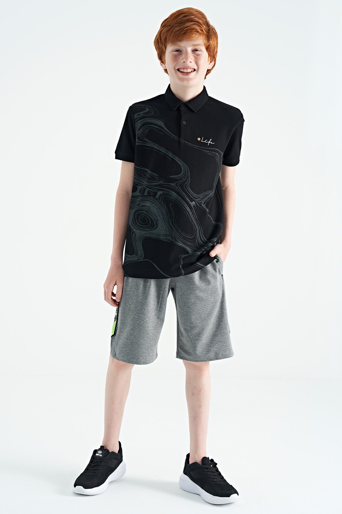 Black Print Detailed Standard Mold Polo Collar Boys T-Shirt - 11165