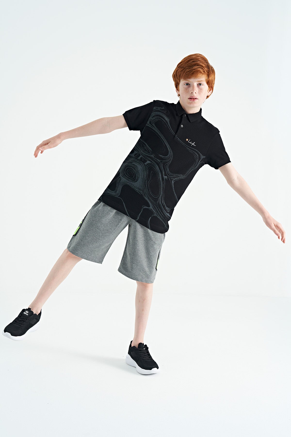 Black Print Detailed Standard Mold Polo Collar Boys T-Shirt - 11165