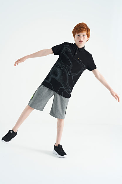 Black Print Detailed Standard Mold Polo Collar Boys T-Shirt - 11165