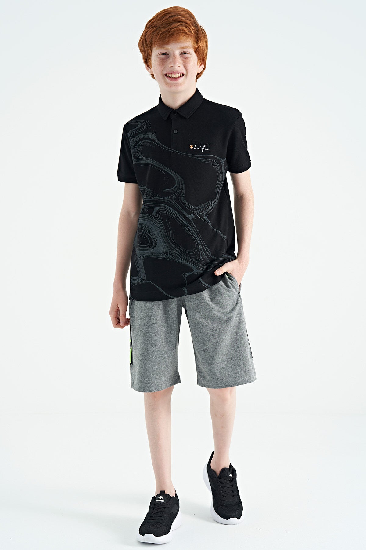 Black Print Detailed Standard Mold Polo Collar Boys T-Shirt - 11165