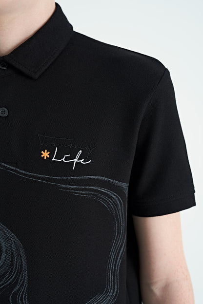 Black Print Detailed Standard Mold Polo Collar Boys T-Shirt - 11165