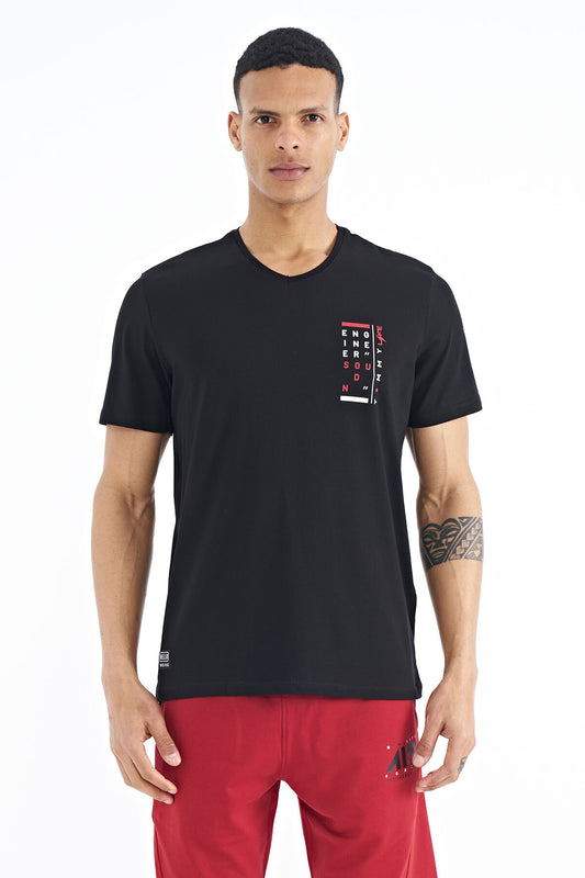 Black Print Detailed V Neck Standard Fit Men's T-Shirt - 88186