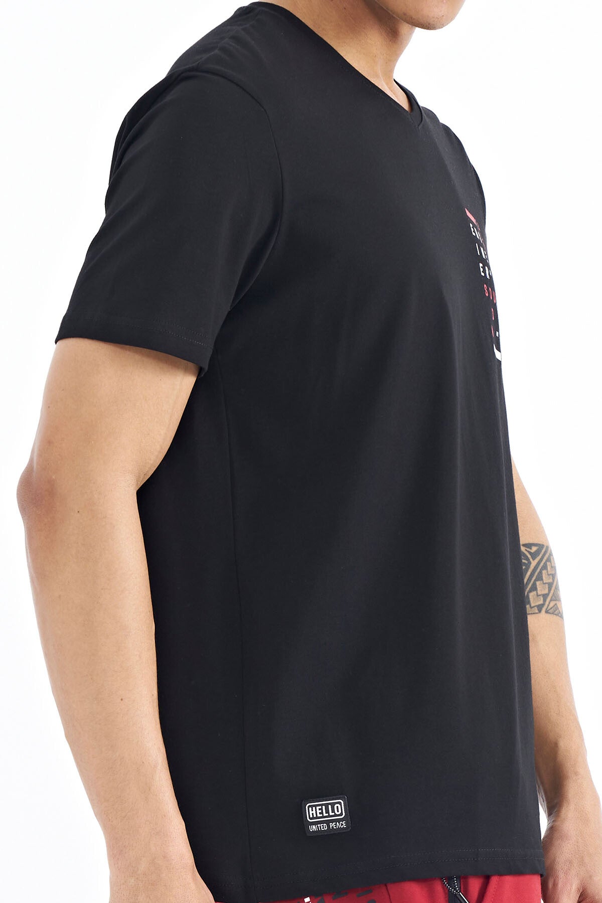 Black Print Detailed V Neck Standard Fit Men's T-Shirt - 88186