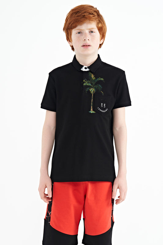 Black Printed Pocket Detailed Standard Fit Polo Collar Boys' T-Shirt - 11144