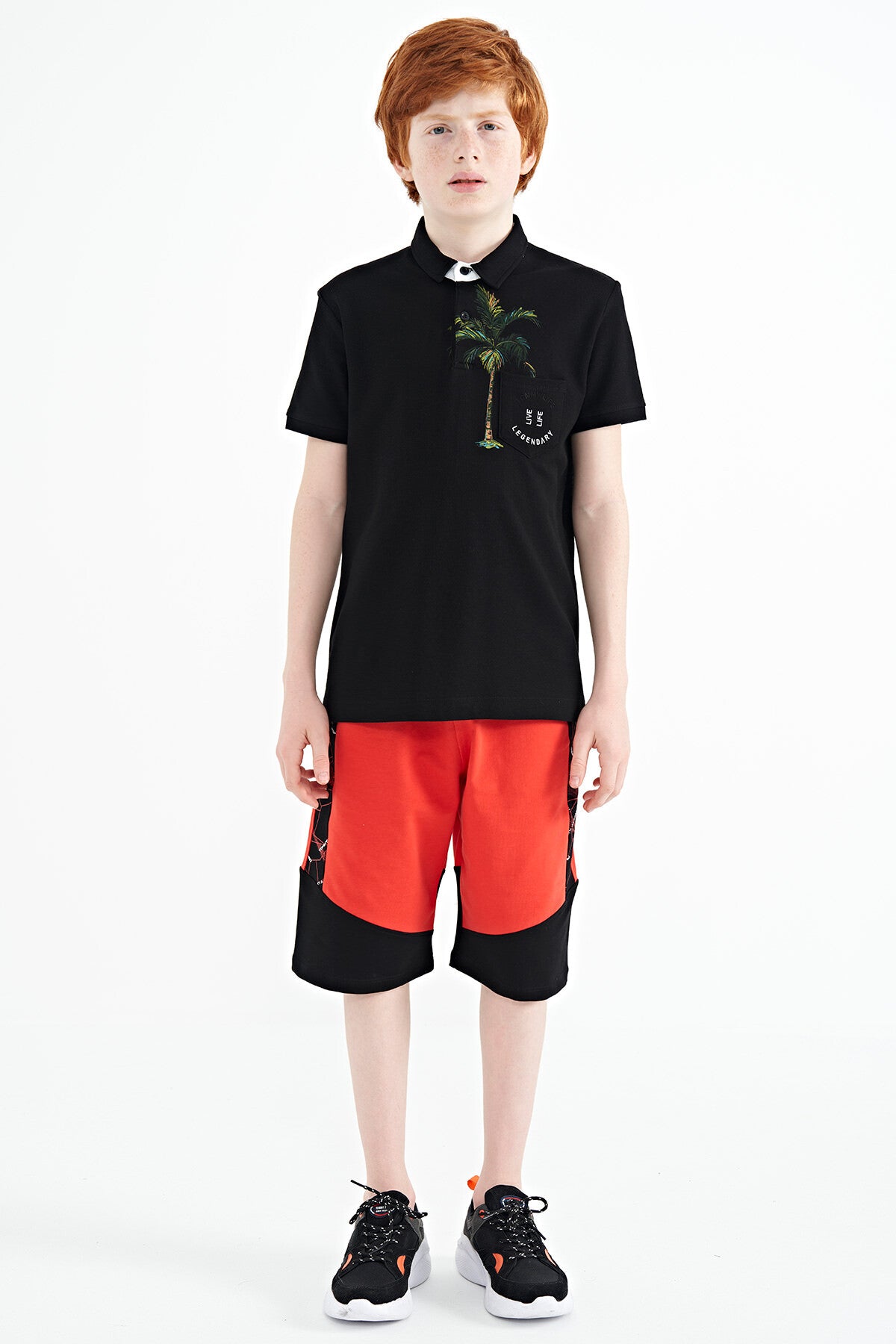 Black Printed Pocket Detailed Standard Fit Polo Collar Boys' T-Shirt - 11144