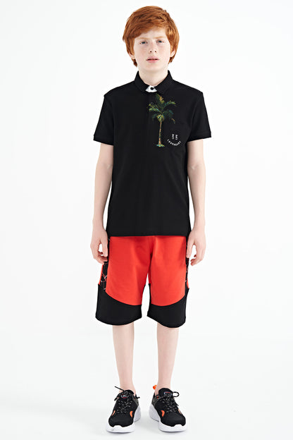 Black Printed Pocket Detailed Standard Fit Polo Collar Boys' T-Shirt - 11144