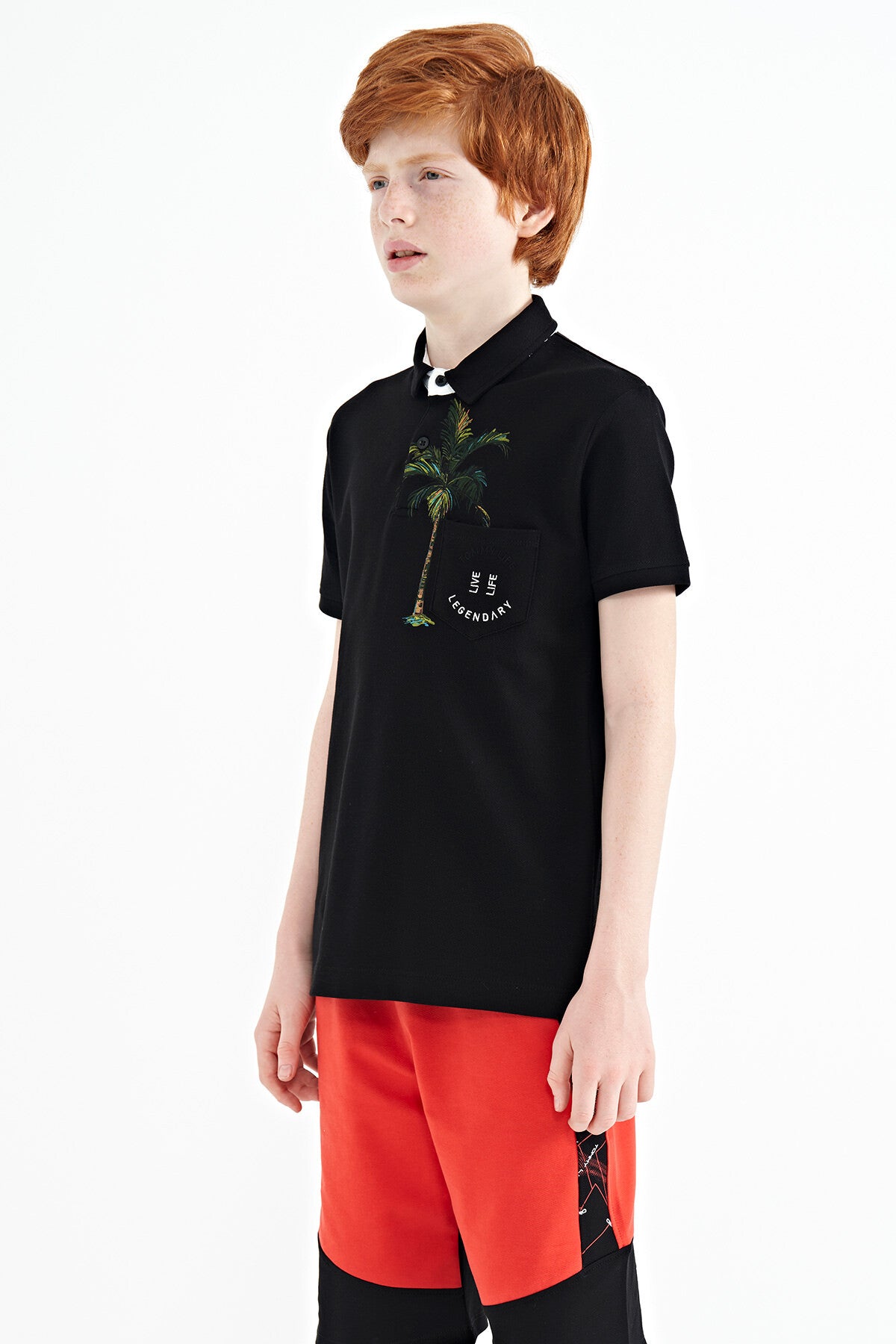 Black Printed Pocket Detailed Standard Fit Polo Collar Boys' T-Shirt - 11144