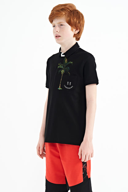 Black Printed Pocket Detailed Standard Fit Polo Collar Boys' T-Shirt - 11144