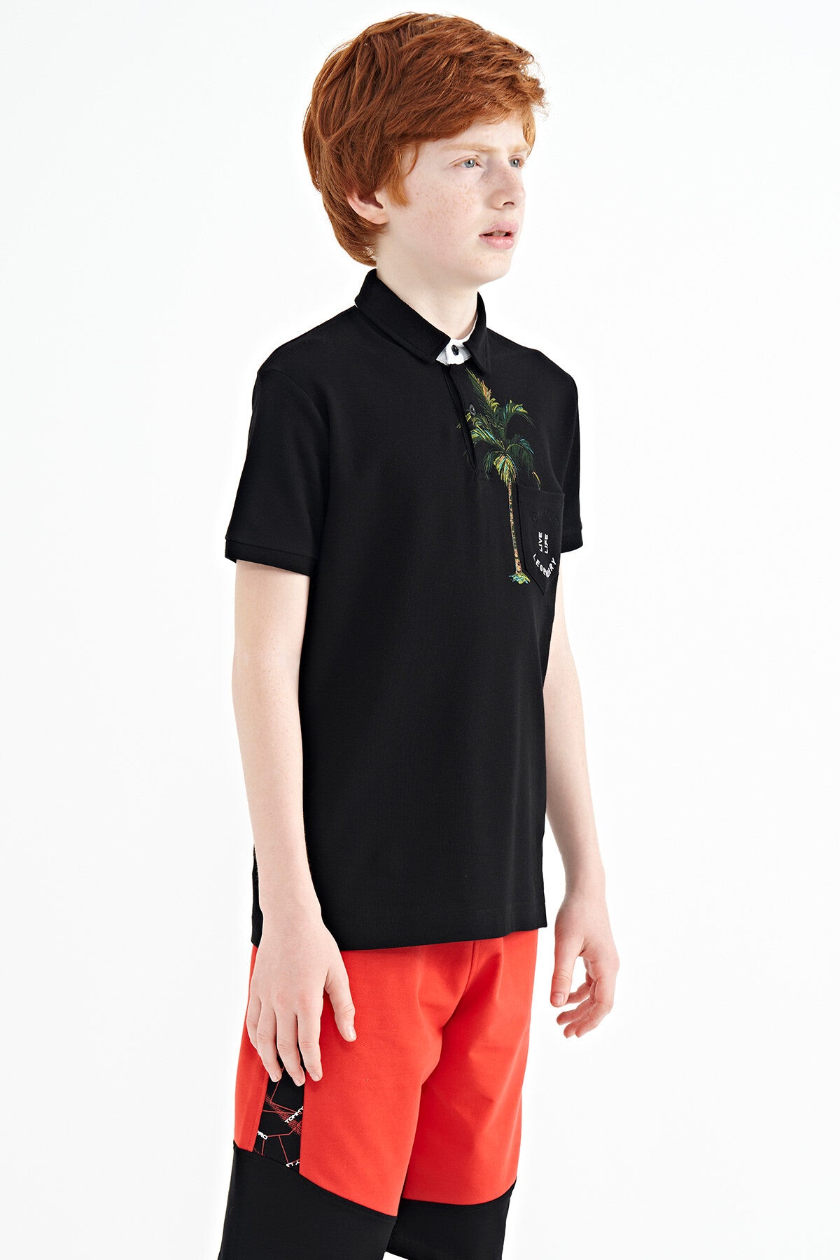 Black Printed Pocket Detailed Standard Fit Polo Collar Boys' T-Shirt - 11144