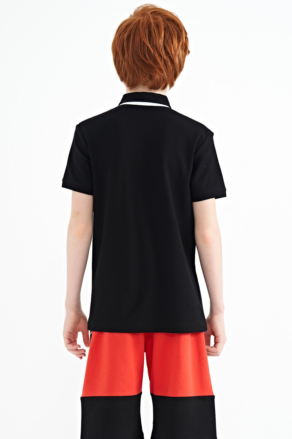 Black Printed Pocket Detailed Standard Fit Polo Collar Boys' T-Shirt - 11144